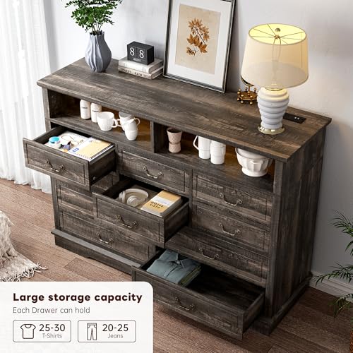 EnHomee 55.2''Wide Dresser for Bedroom Wood Dresser with LED & Power Outlet Vintage 10 Drawer Dressers & Chests of Drawers Long Dresser TV Stand, Closet,Hallway, Dark Rustic Oak - WoodArtSupply