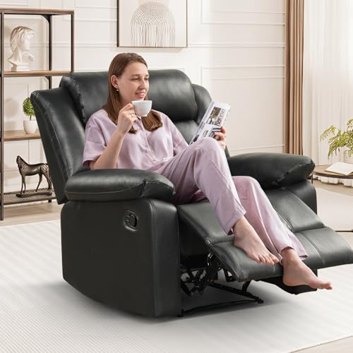 IOMOR Manual Recliner Chair with Overstuffed Arm and Extra-Padded Back, Breathable PU Leather Reclining Chair for Adults, Single Sofa for Living Room, Bedroom (Black)