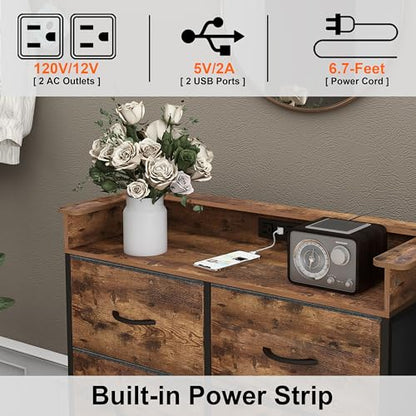 Welfuturer Tall Dresser for Bedroom with Charge Station 8 Drawers Dresser with LED Lights Chest Organizer Units for Hallway Entryway Closets Sturdy Steel Frame Wood Top Easy Pull Handle Rusti - WoodArtSupply