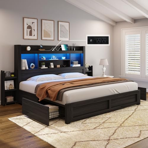 AMERLIFE King Size Bed Frame with LED Headboard, 4 Storage Drawers & Charging Station - WoodArtSupply