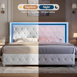 Jocisland Queen Bed Frame with LED Lights Headboard&Footboard, Velvet Upholstered Queen Size Platform Bed Frame No Box Spring Needed/White Jocisland