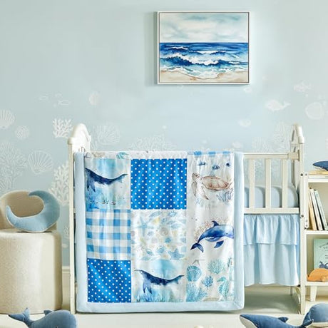 Patchwork Crib Bedding Set Blue Ocean Plaid Design 3 Pieces Baby Cute Quilted Comforter with Fitted Sheet and Bed Skirt - Whales Dolphins Turtles Seahorses Shell Marine Animals Style Crib Bed Set UOZZI BEDDING
