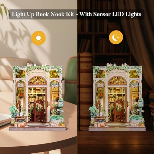 Fsolis Book Nook Kit, 3D Wooden Puzzles for Adults DIY Miniature House Kit Mini Building Kit Booknook Bookstore Bookshelf Diorama Gifts for Women Book Lovers (Green Life's Bookshop)