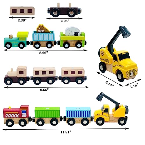 Wooden Trains Cars with Crane Magnetic Train 10pcs Wooden Train Toys with Animals for Wooden Train Tracks Train Sets for Toddlers and Kids Ages 3+ - WoodArtSupply