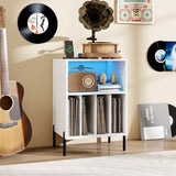 LOKO Record Player Stand with LED Lights, Turntable Stand with Charging Station, Vinyl Storage Holder with Sturdy Metal Legs, Album Display Shelf for Living Room, Bedroom (White) LOKO