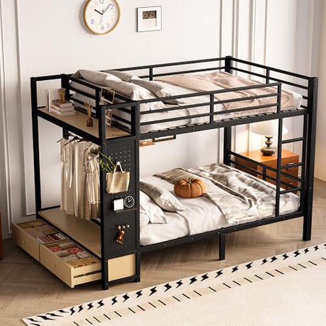 Bellemave Full Over Full Metal Bunk Bed with Storage Drawers and Shelves, Heavy Duty Bunk Beds with Pegboard and Coat Rack for Kids, Adults,Black、 Bellemave