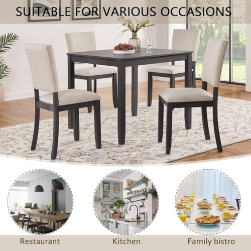 JIJIWANG Modern 4 Person Dining Table Set with 4 Chairs, Dining Table Set for 4 People, 5-Piece Wooden Dining Table Sets for Living Room, Kitchen and Dining Room, Antique Black + Beige JIJIWANG