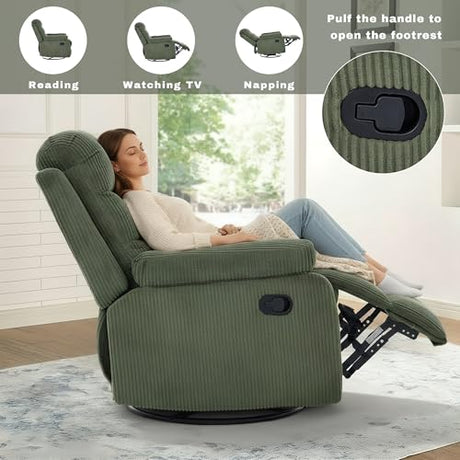 GAOHAPY Rocking Recliner Chair,Modern Swivel Glider Recliner Chair,Corduroy Fabric Upholstery Recliner,Manual Reclining Sofa Chair for Living Room,Office,Apartment (Green) GAOHAPY