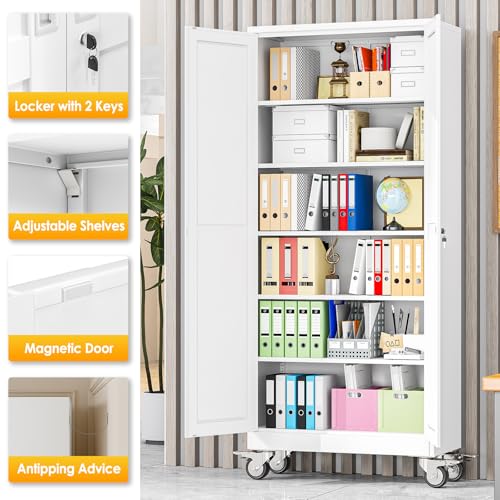PAOFIN 75''H Metal Garage Storage Cabinet with Wheels,Steel File Cabinets with 2 Doors and 5 Adjustable Shelves for Home Office, Warehouse, Required Assembly,White PAOFIN