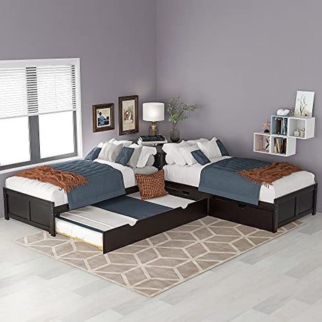 Harper & Bright Designs L-Shaped Platform Bed Frame with Trundle and Drawers Linked with Built-in Desk for Kids Boys Girls, Twin, Espresso Harper & Bright Designs