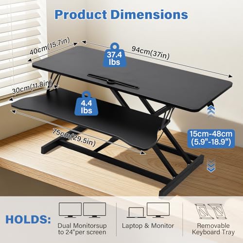 37 Inch Standing Desk Converter - Manual Pneumatic Spring, Two Monitor Stable Standing Desk Converter, 5.9" to 18.8" Height Adjustable Laptop Workstation with Keyboard Tray for Home, Company(Black) Generic