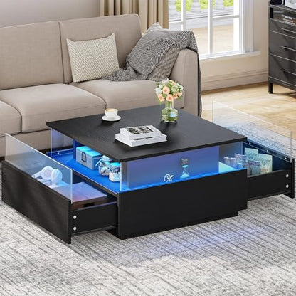 YITAHOME Coffee Table, Coffee Tables for Living Room with Storage, Square Coffee Table with 2 Sliding Drawers, Modern Coffee Table with LED Light, Acrylic Wood Center Table, Black - WoodArtSupply