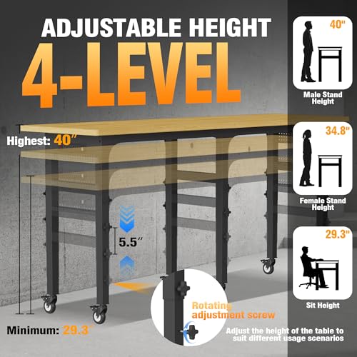 TITIMO 83" Adjustable Workbench, Work Benches for Garage with Pegboard, 3000 LBS Heavy Duty Rubber Wood Tabletop with Power Outlet, Rolling Work Table with Wheels for Workshop, Office (83" x 23.6") TITIMO