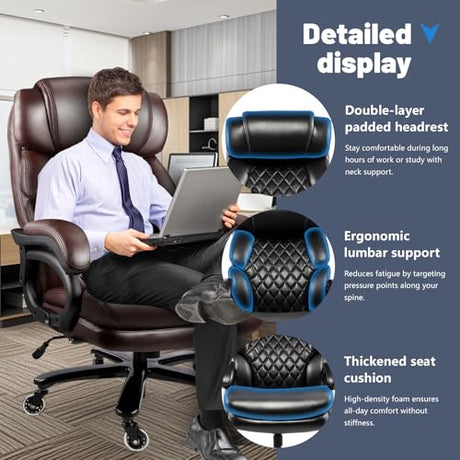 800LBS Big and Tall Office Chair for Heavy People, Heavy Duty Executive Chair with High Back, Extra Wide Seat and Adjustable Lumbar, Large Computer Desk Chair Comfortable for Home Office (Brown) FANTAWESO