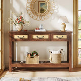HUAHUU 47.2" Console Table with 3 Rattan Drawers, Long Sofa Table with Storage Behind Couch, Farmhouse Entryway Table with Power Outlet & Open Storage for Entrance/Hallway/Foyer/Living Room, Walnut HUAHUU