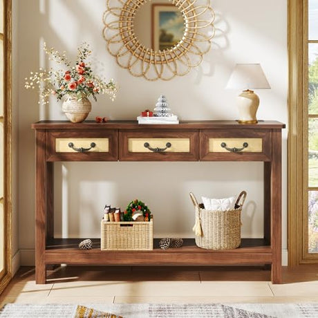 HUAHUU 47.2" Console Table with 3 Rattan Drawers, Long Sofa Table with Storage Behind Couch, Farmhouse Entryway Table with Power Outlet & Open Storage for Entrance/Hallway/Foyer/Living Room, Walnut HUAHUU