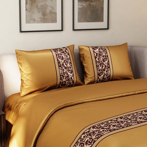 Stoa Paris King Duvet Cover Set 3PCs, 300TC Silk-Like All-Season Luxury Satin Bedding, Skin & Hair Safe, Home Decor, Hidden Zipper + 2 Pillow Shams 20x40”, No Comforter Included, Versailles - Gold Stoa Paris