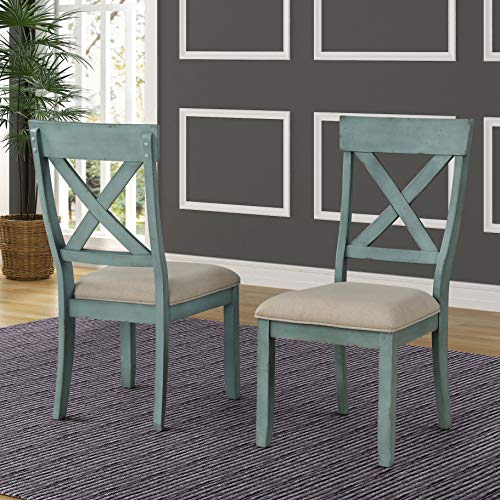 Roundhill Furniture Prato Two-Tone Wood Cross Back Upholstered Dining Chairs, Set of 2, Blue and Tan - WoodArtSupply