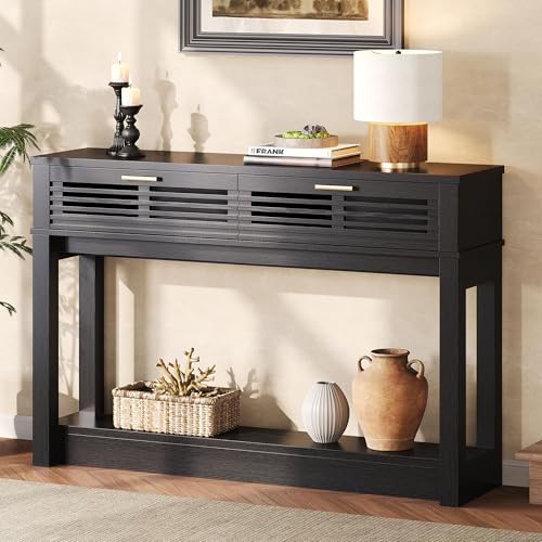 IRONCK Entryway Table, 47" Console Table with Drawer for Living Room, Wooden Sofa Table with Storage, Mid Century Modern, Black IRONCK
