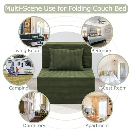 HILERO Folding Sofa Bed, 4 in 1 Convertible Sleeper Chair with Pillow, Single Memory Foam Fold Out Chair Bed, Modern Floor Futon Sofa Couch Mattress for Living Room/Guest/Apartment, Green HILERO