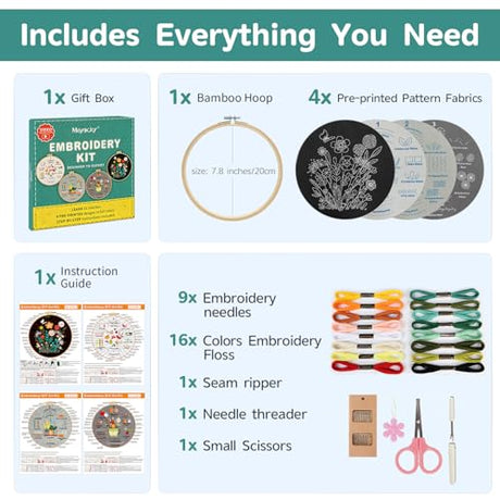 Meyocky Embroidery Kit for Beginners, 4 Pack Starter Embroidery Kits for Adults Learn 31 Stitches with Simple Patterns, Step-by-Step Video Stitch Practice Sampler Kit,Gift for Women Craft Lovers Meyocky