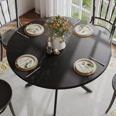 ChooChoo 47.2 Inch Round Dining Table for 4, Farmhouse Wood Kitchen Table, Circle Dinner Table for Kitchen & Dining Room, Black ChooChoo