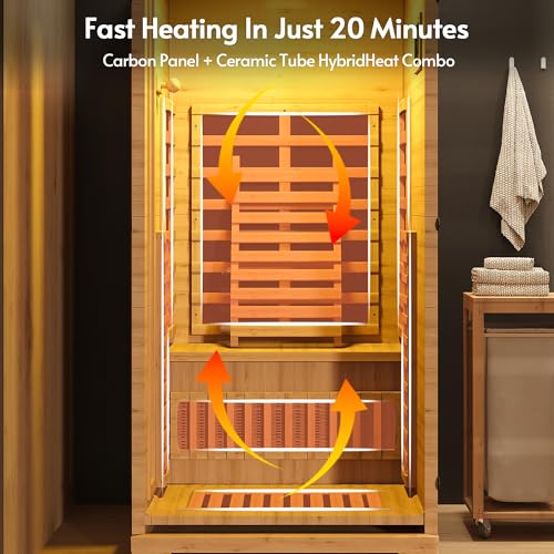 Rotihom Infrared Sauna at Home 1-2 Person with 7 Color Full Spectrum, Low EMF 1745W Fast Heating Canadian Hemlock Wood Sauna, Indoor Dry Sauna with Music Speakers for Home, Gym (3Lx3.3Wx6.3H Ft) Rotihom