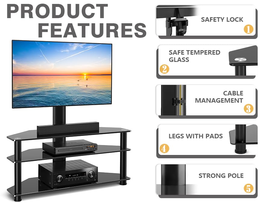 TAVR Furniture Swivel Floor TV Stand with Table for 32-70 Inch TVs, Universal Height Adjustable TV Floor Stand with Large Storage Shelves, Strong Corner TV Stand Mount Holds up to 88lbs, Black TAVR Furniture