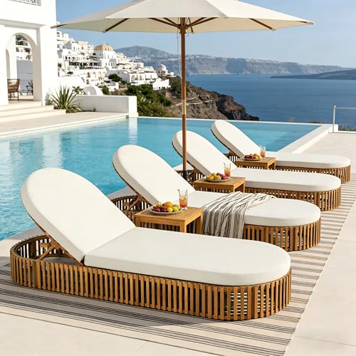 Merax Acacia Wood Chaise Lounge with Curved Cushion, Outdoor Sun Lounger for Patio, Poolside and Garden, Teak Finish Wood Recliner, 80.8" L, Supports 300 lbs, Cream
