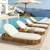 Merax Acacia Wood Chaise Lounge with Curved Cushion, Outdoor Sun Lounger for Patio, Poolside and Garden, Teak Finish Wood Recliner, 80.8" L, Supports 300 lbs, Cream