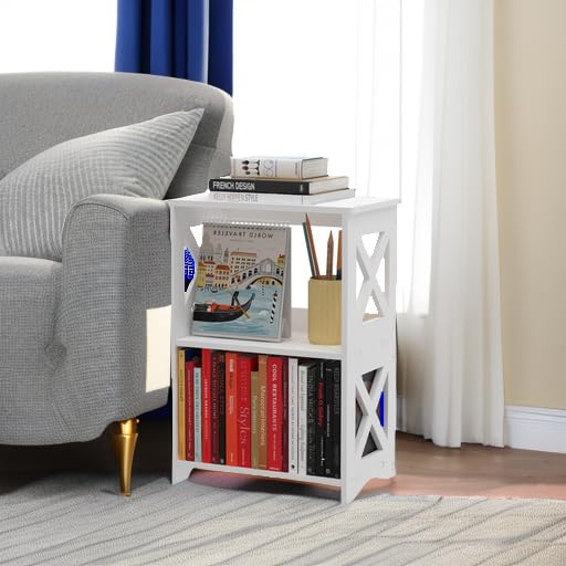 pikpuk Side Table, Narrow End Table with Storage Shelf, Minimalist Bedside Tables Nightstand, Small Bookshelf Bookcase, Bathroom Shelves, Display Rack for Bedroom, Living Room, Office, White. pikpuk