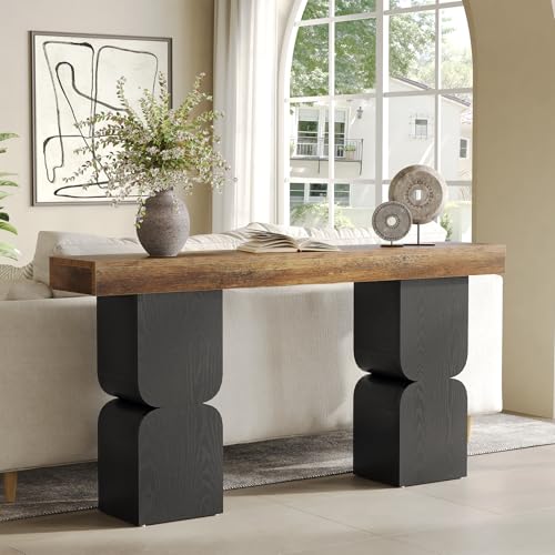 63-Inch Console Table, Heavy-Duty Look, Behind Couch Sofa Table, Color Blocking Design, Bold Structural Presence, Modern Entryway Furniture for Living Room, Hallway, Foyer, Brown + Black LITTLE TREE