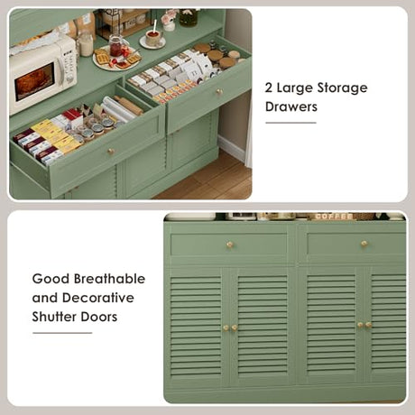 HIFIT 71" Hx55''W Large Kitchen Hutch Storage Cabinet, Farmhouse Coffee Bar Hutch with Microwave Stand, Tall Kitchen Pantry Cabinet with Louvered Doors, 2 Cable Holes, 2 Drawers, Green HIFIT