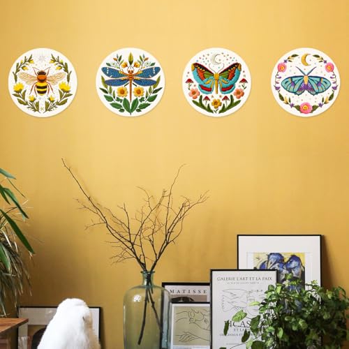 INFUNLY 4 Sets DIY Insect Pattern Embroidery Kits for Starter 11.8"×11.8" Flowers Plants Embroidery Hoop kit Handmade Bees Embroidery Kits Moth Needlepoint Kit with Instruction for Adults Beginners