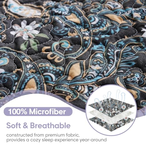 JSD Black Paisley Floral Quilt Set Twin Size, 2 Piece Printed Bedspreads Coverlet with Pillow Sham, Soft Microfiber Quilted Blanket JSD
