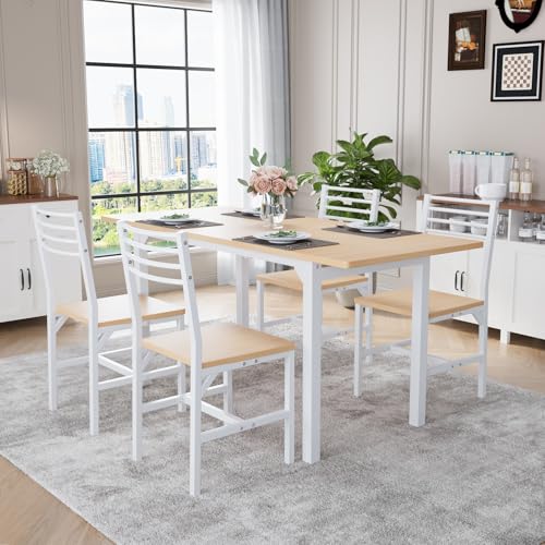 VOWNER 63” Extendable Dining Table Set for 4-6 People, 5-Piece Dining Table Set for 4 People with 4 Chairs, Kitchen Table Set with MDF Board and Metal Frame, for Small Space, Apartment, Nature Wood VOWNER