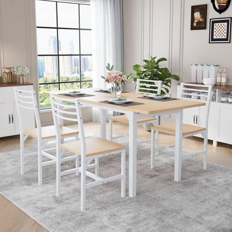 VOWNER 63” Extendable Dining Table Set for 4-6 People, 5-Piece Dining Table Set for 4 People with 4 Chairs, Kitchen Table Set with MDF Board and Metal Frame, for Small Space, Apartment, Nature Wood VOWNER