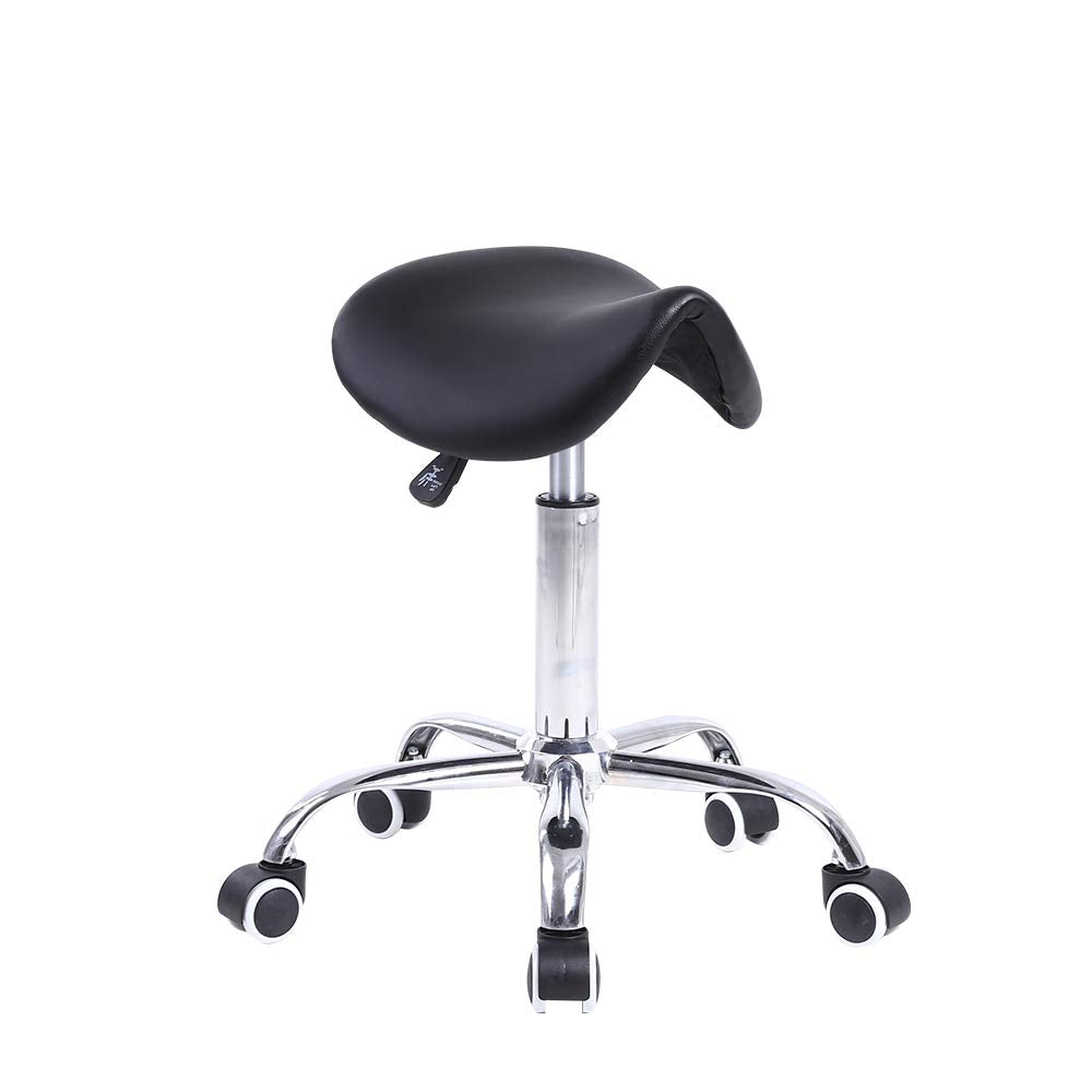 KKTONER Rolling Saddle Stool PU Leather Swivel Adjustable Rolling Stool with Wheels Salon Chair Black KKTONER