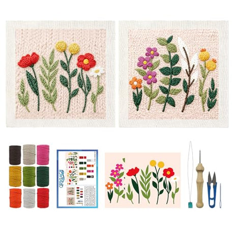 ORIGACH 2 Set Embroidery Punch Needle Kit with Frame, Wildflower Needle Punching Kit with Patterns, Threads, Tools & Instructions for Beginners & Adults, DIY Wall Hanging Decor ORIGACH