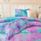 PERFEMET Fuzzy Girls Bedding Set Full Size 3 Pieces Luxury Purple and Teal Faux Fur Fluffy Comforter for Kids Teens Ultra Soft Warm Tie Dye Velvet Plush Shaggy Bed Comforter Sets(Purple Teal, Full) PERFEMET