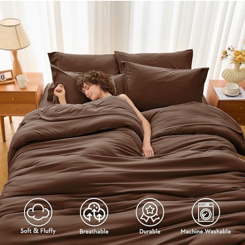 MUXHOMO 7 Pieces Queen Comforter Set, Soft Bed in a Bag Queen Size, All Season Bedding Set with Comforter, Flat Sheet, Fitted Sheet, Pillowcases & Shams, Brown MUXHOMO