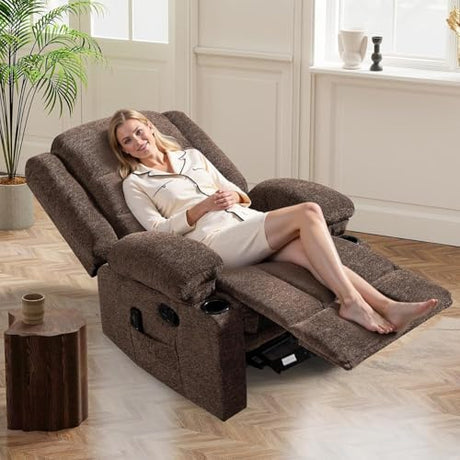 HAOMARKETS Manual Recliners with Massage and Heat for Adults, Breathable Fabric Recliner Chair with 2 Cup Holders & Side Pockets, Overstuffed Heavy Duty Reclining Sofa for Living Room, Brown HAOMARKETS