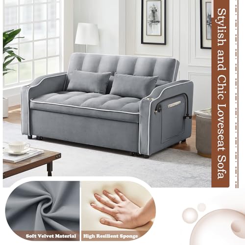 Pull Out Sofa Bed with Phone Holder, Convertible Velvet Loveseat Sleeper with 2 USB Charging Ports, Modern Futon Couch with Cup Holders and Adjustable Backrest, Love Seat for Living Room, Light Grey