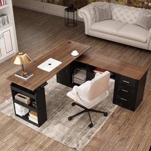 Homsee Home Office L Shaped Electric Standing Desk with Drawers and Shelves, Height Adjustable Stand up Desk, 63" Computer Executive Corner Table, Walnut & Black Homsee