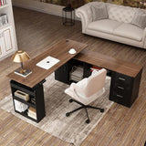 Homsee Home Office L Shaped Electric Standing Desk with Drawers and Shelves, Height Adjustable Stand up Desk, 63" Computer Executive Corner Table, Walnut & Black Homsee