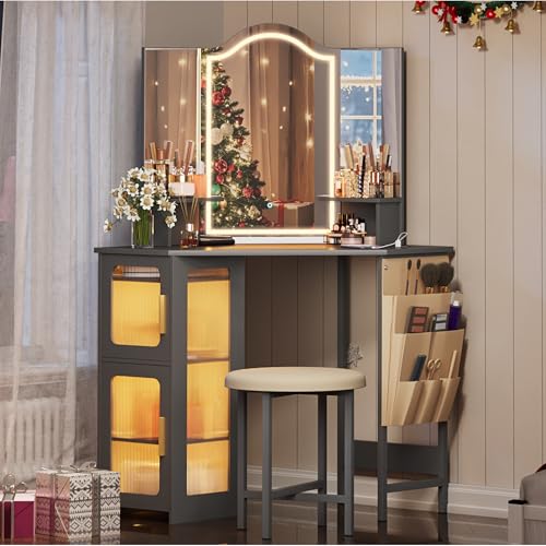 LVSOMT Corner Makeup Vanity Desk with Mirror and Lights, Dressing Table with Charging Station, Makeup Table with Stool, Storage Cabinet and Adjustable Shelf, Bedroom Vanity for Girls Women, Grey LVSOMT