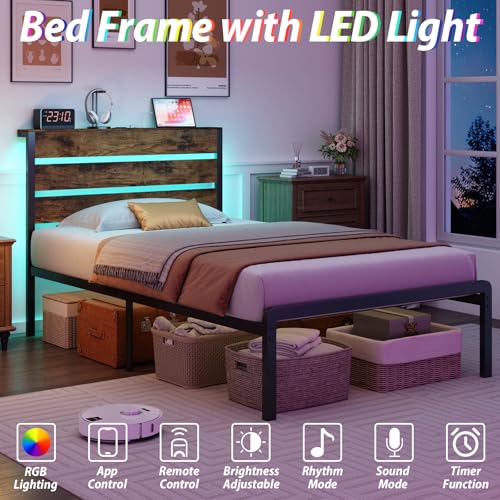 TIGUBFRE Twin Bed Frames with Storage Headboard & Charging Station, Platform Bed Frame Twin Size with LED Lights, Metal Slats, Noise Free, No Box Spring Needed, Rustic Brown TIGUBFRE