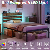 TIGUBFRE Twin Bed Frames with Storage Headboard & Charging Station, Platform Bed Frame Twin Size with LED Lights, Metal Slats, Noise Free, No Box Spring Needed, Rustic Brown TIGUBFRE