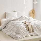 Wake In Cloud - Striped Cotton Duvet Cover Set, Ticking Stripe Vertical Pinstripe Farmhouse, 100% Washed Cotton Textured Percale Bedding Set, 3 Pieces, White, King Size Wake In Cloud
