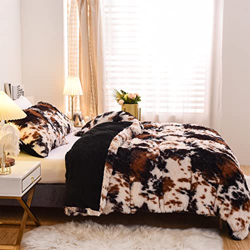 Aimuan Cow Print Duvet Cover Shaggy Fluffy Tie Dye Brown Black Velvet Bedding Set Super Soft Faux Fur Fuzzy Comforter Cover with Pillowcases (Coffee-Black, King) Aimuan